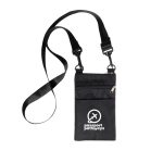 A black neck pouch with a logo, featuring a strap and zipper pocket. Ideal for carrying small items.
