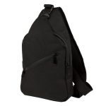 A black Sling RPET travel bag with a single strap and multiple zippered compartments. Features a logo on the exterior.
