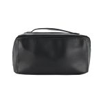 A black toiletry bag with a zip closure and a carrying handle, featuring a logo on the front.