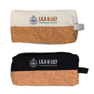 A cotton and cork utility pouch in cream and black, featuring a logo. The pouch has a zipper and a handle.