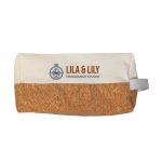 A cotton pouch with a cork bottom, featuring a logo, primarily in beige and brown tones.