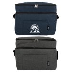 A navy blue and grey cooler bag with a top zipper, featuring a front pocket and a logo.