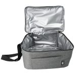 A gray cooler bag with a removable shoulder strap and an open top, featuring a sleek insulated interior.