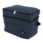 A navy blue cooler bag with a zippered top, featuring a front pocket and a side handle. It has a logo.