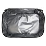 A grey cooler bag with a spacious, insulated interior. The bag features a zippered closure and a smooth, shiny lining.