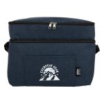 A navy blue cooler bag with a zippered top compartment and a front pocket featuring a logo.