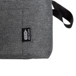 A gray cooler bag with a textured surface and a small logo tag, featuring a black handle.