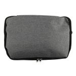A grey cooler bag with a zippered closure, featuring a simple design and a logo.