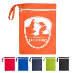 An orange wet bag with a logo, featuring a zippered closure and a handle, alongside additional bags in various colours.