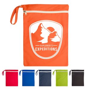 An orange wet bag with a logo, featuring a zippered closure and a handle, alongside additional bags in various colours.