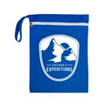 A blue Cosi Wet Bag featuring a white logo with mountains and a sun. It has a zip closure and a handle.