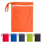 An orange wet bag with a zip, also available in red, blue, green, dark grey, and black. Features a carry handle and logo.