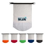 A waterproof bag in white with a logo, featuring colored bottom sections in orange, red, green, blue, and black.