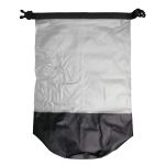 A waterproof bag features a clear upper section and a black lower section, equipped with a secure closure.