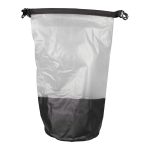 A waterproof bag featuring a clear upper section and black lower section, secured with adjustable straps.