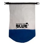 A waterproof bag featuring a two-tone design in white and blue, with the text "BEYOND THE BLUE" prominently displayed.