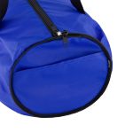 A blue duffle bag with a zip closure and a round base, featuring a sturdy black strap.