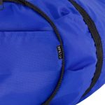 A blue duffle bag with a black zipper and a tag indicating material composition.