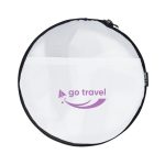A round, white travel pouch with a black zipper and a logo on the front, featuring a mesh design.