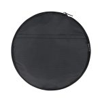 A round black duffle bag with a zip closure and a flat pocket on one side. It features a logo.