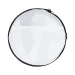 A round, mesh bag with a black zipper and trim, featuring a transparent white exterior.