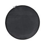 A round, black duffle bag with a zip closure and a flat exterior pocket. It features a logo.