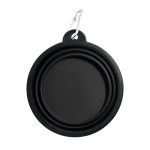 A black collapsible bowl with a carabiner attachment, featuring a circular design and smooth surface.