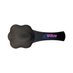 A black pet food scoop with a paw print design and a logo featuring "Willow Animal Clinic."