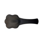 A black pet food scoop with a unique, rounded design and a flat handle. It features a logo.
