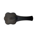 A black pet food scoop with a flower-shaped scoop end and a flat handle, featuring a logo.