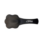 A black pet food scoop with a paw-shaped scoop head and a handle, featuring a logo.