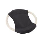 A black fabric dog toy with a rope handle. The toy features a rounded shape and a sturdy design.