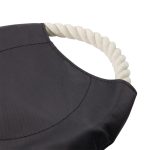 A round dog toy in black fabric with a white rope handle. The toy features a smooth, textured surface.