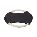 A black and cream dog toy featuring a circular rope and padded centre. It has a logo on one side.