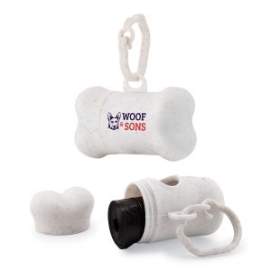 A bone-shaped dog waste bag dispenser in white with a logo and a roll of waste bags included.