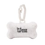 A white, speckled bone-shaped dog waste bag dispenser with a clip, featuring a logo.