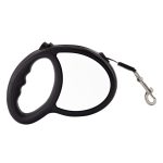 A retractable dog lead in black with a grip handle and a metal clip for attaching to a collar.
