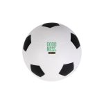A white soccer ball stress reliever with black patches and a logo on one side.