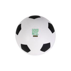A white soccer ball stress reliever with black patches and a logo on one side.
