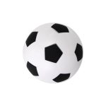 A white and black soccer ball stress reliever with a traditional hexagonal design and a logo.