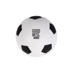 A white soccer ball stress reliever featuring black pentagon patches and a logo on one side.