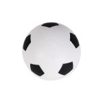 A white soccer ball stress reliever with black patches, featuring a smooth surface and one logo.
