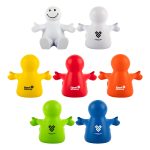 A collection of stress relievers shaped like characters in white, red, orange, yellow, green, and blue, with various logos.