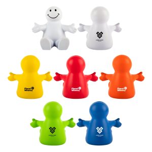 A collection of stress relievers shaped like characters in white, red, orange, yellow, green, and blue, with various logos.