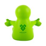A green stress reliever in the shape of a smiling figure with outstretched arms and a logo on its back.