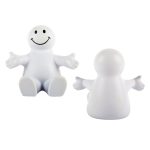 A white stress reliever shaped like a smiling figure, sitting with outstretched arms. Features a simple design and facial expression.