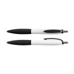 A plastic pen featuring a black and white design with a textured grip and a logo on the barrel.