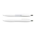 A set of two plastic pens, both featuring a sleek white design with textured grips and a retractable mechanism.