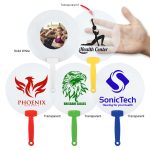 A collection of fan-shaped promotional products in white and colored handles, featuring various logos.