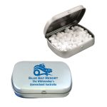A silver tin containing white sugar-free breath mints, featuring a logo on the lid.